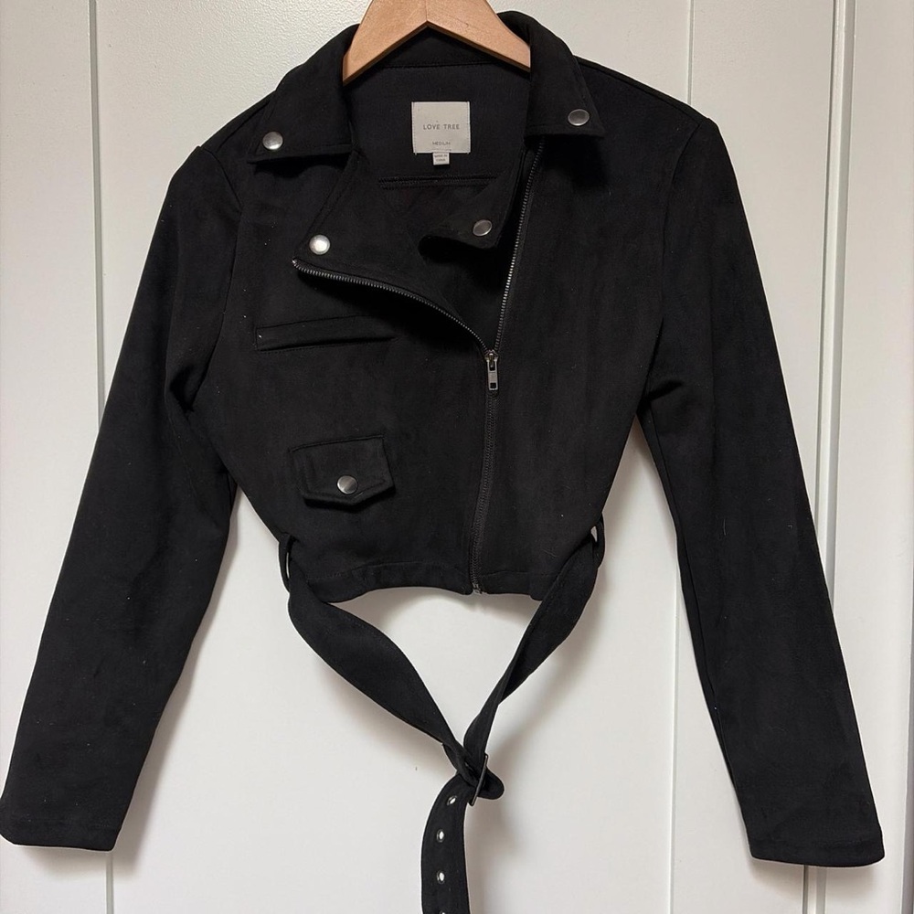 Love Tree Black Cropped Belted Moto Jacket